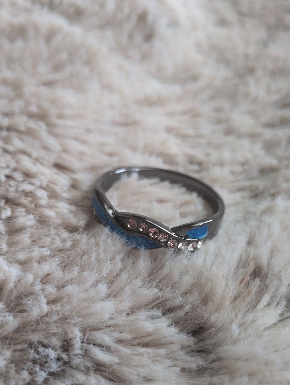 Silver Tone Ring with Blue Enamel and Clear Stones